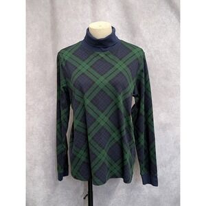 LL Bean Womens Green Navy Blue Plaid Turtleneck Long Sleeve Top Cotton Shirt L
